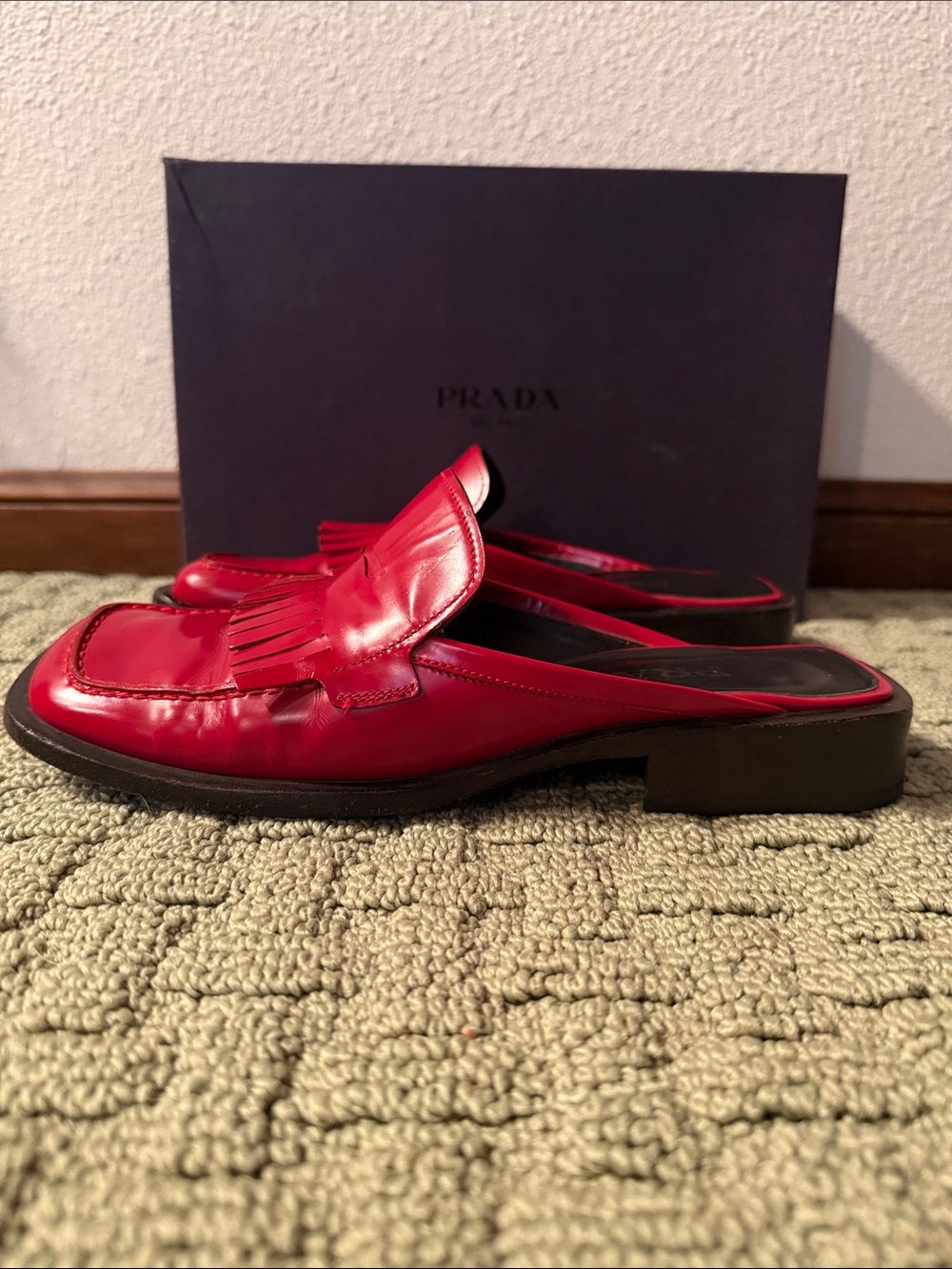 Prada Vintage Red Leather Fringe Mule Loafers - Picture 4 of 6